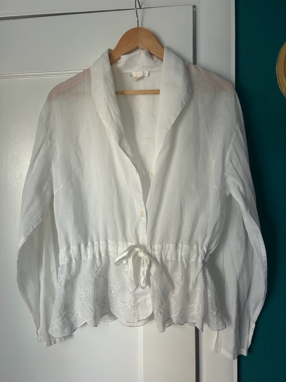 Vintage Whitewash Women's White Drawstring Hem Peplum Sheer Button-Front Top